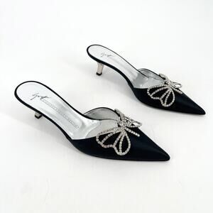 NWOB Giuseppe Zanotti Black Crystal Butterfly Pointed Toe Kitten Heel Mules 7.5